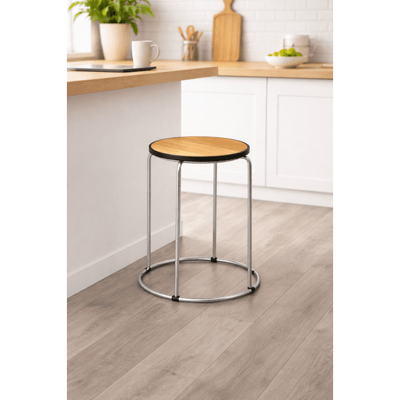 Piso Taburete Circular con Asiento de Madera y Estructura Cromada