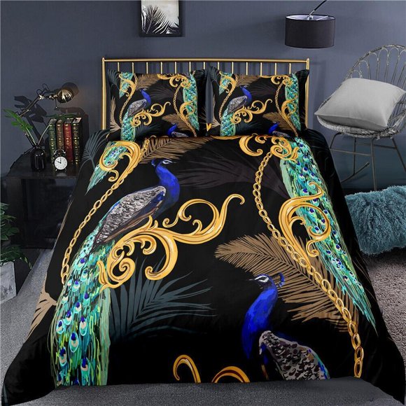 Luxury Peacock Feather Print Quilt Duvet Cover Set Pillowcase 3-Piece Bedding Set