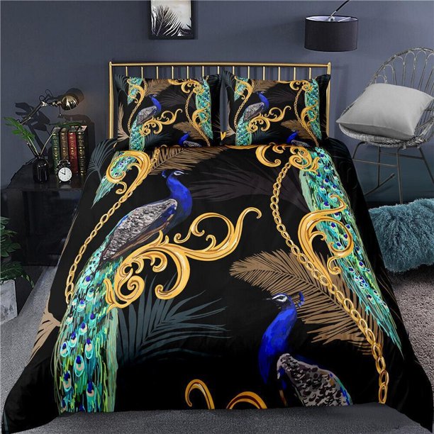 Luxury Peacock Feather Print Quilt Duvet Cover Set Pillowcase 3-Piece Bedding Set