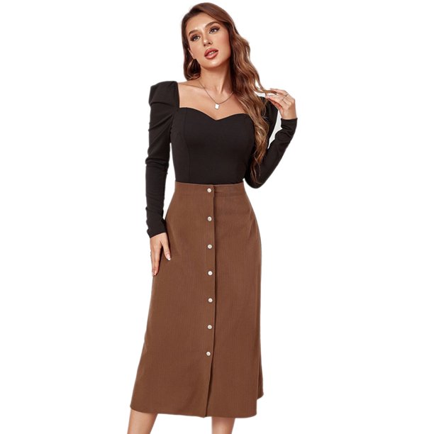 Falda skater midi acampanada de cintura alta con botones delanteros para mujer