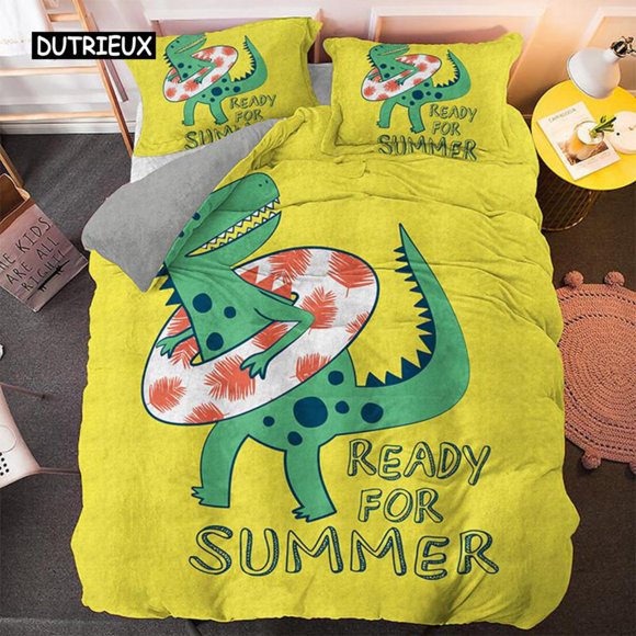 x2300 Bed SheetsCartoon Dinosaur Duvet Cover Set Dinosaur Theme Toddler Twin Bedding Set Microfiber Green Dinosaur Hello Bro Quilt Cover 3-Piece Bedding Set (1 Duvet Cover + 2 Pillow Shams) nj2300