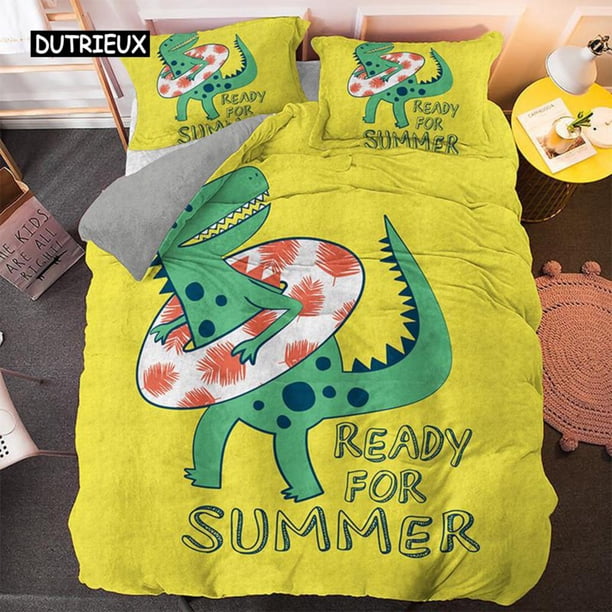 x2300 Bed SheetsCartoon Dinosaur Duvet Cover Set Dinosaur Theme Toddler Twin Bedding Set Microfiber Green Dinosaur Hello Bro Quilt Cover 3-Piece Bedding Set (1 Duvet Cover + 2 Pillow Shams) nj2300