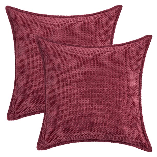 REGALWOVEN Paquete de 2 fundas de cojín decorativas sólidas de chenilla, funda de cojín suave moderna para sofá, sala de estar, sofá, color burdeos 18" x 18"