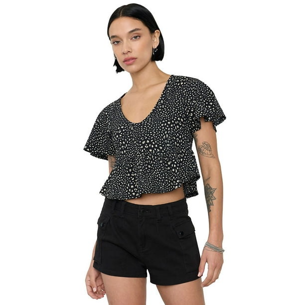 Blusa Mujer Manga Corta Recogido Negro Animal Corona