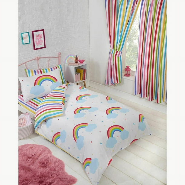 Juego de edredón / funda de edredón infantil a rayas arco iris con nubes para niños pequeños