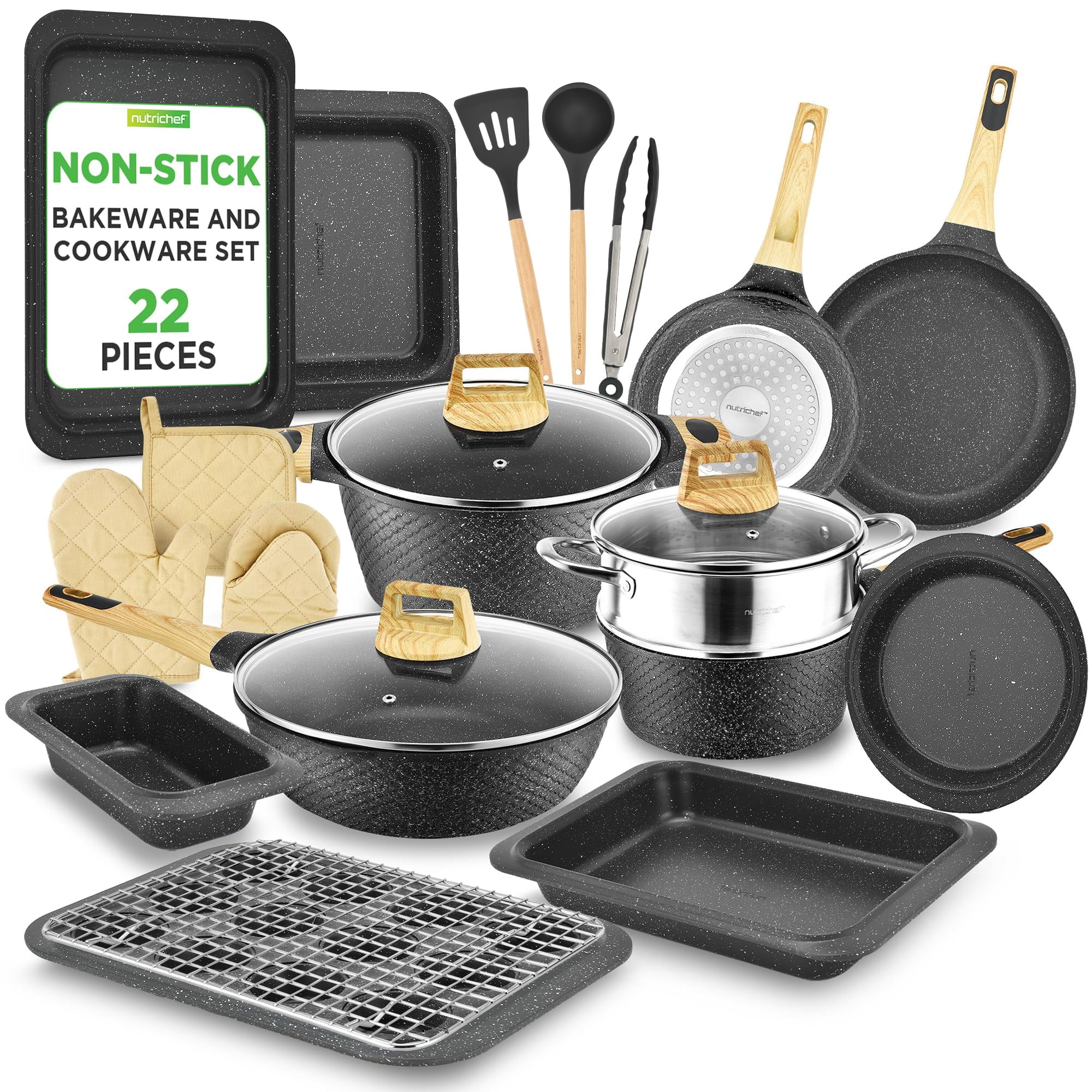 Juego De Utensilios De Cocina Nutrichef, 22 Piezas, Cerámica Antiadherente, Color Negro