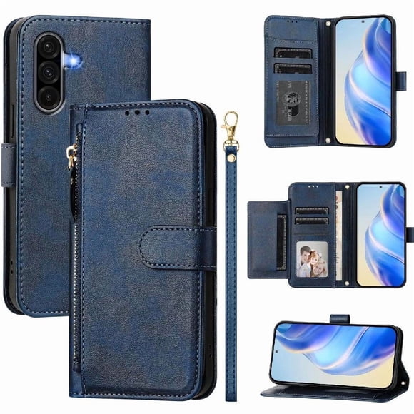 Funda Tipo Billetera para Samsung Galaxy A36 5G con Cremallera Portatarjetas Soporte Correa de Muñeca Cuero Azul