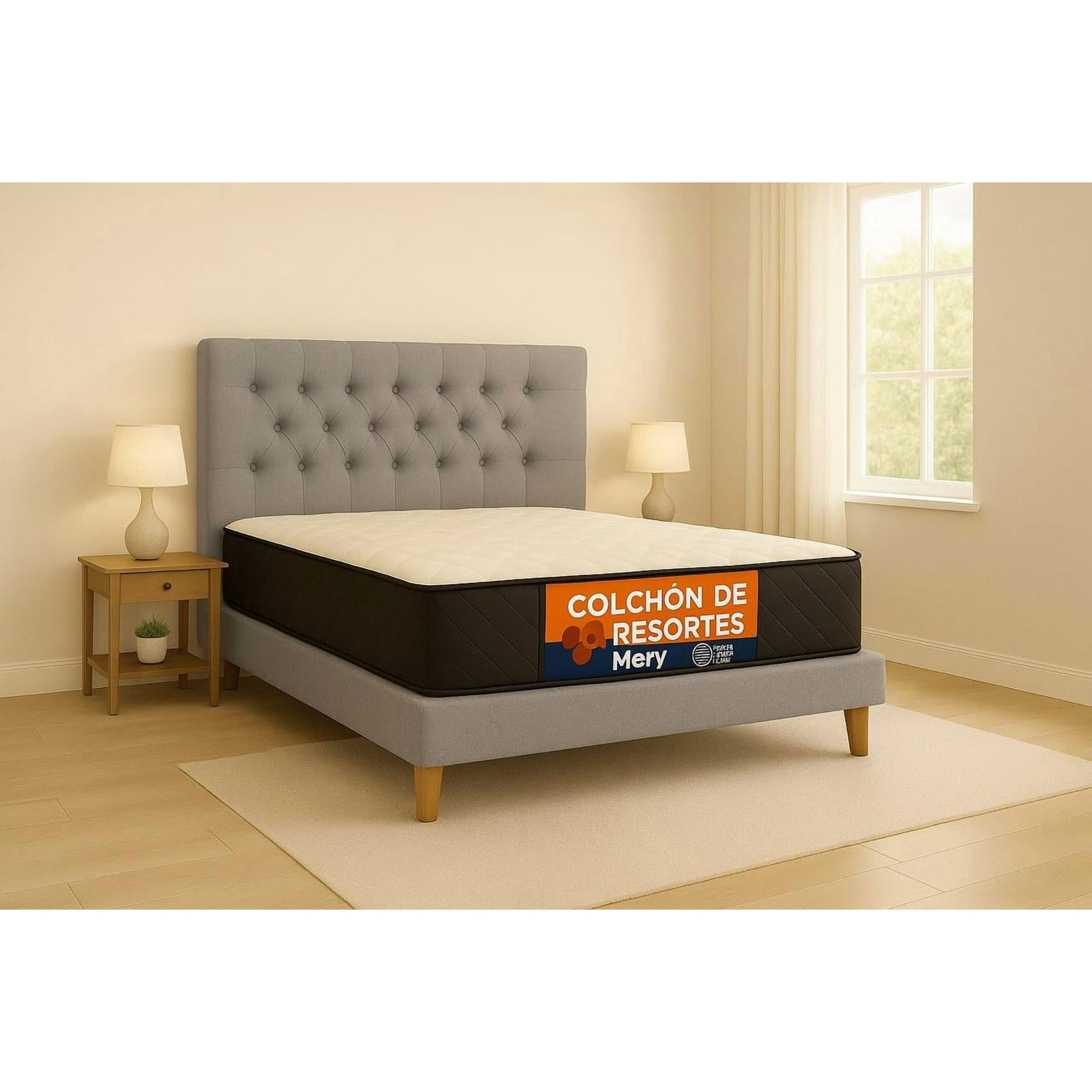 Ethan Desing - Cama Plaza Y Media Gris Claro Perla Capitoné + Colchon Mery Desing