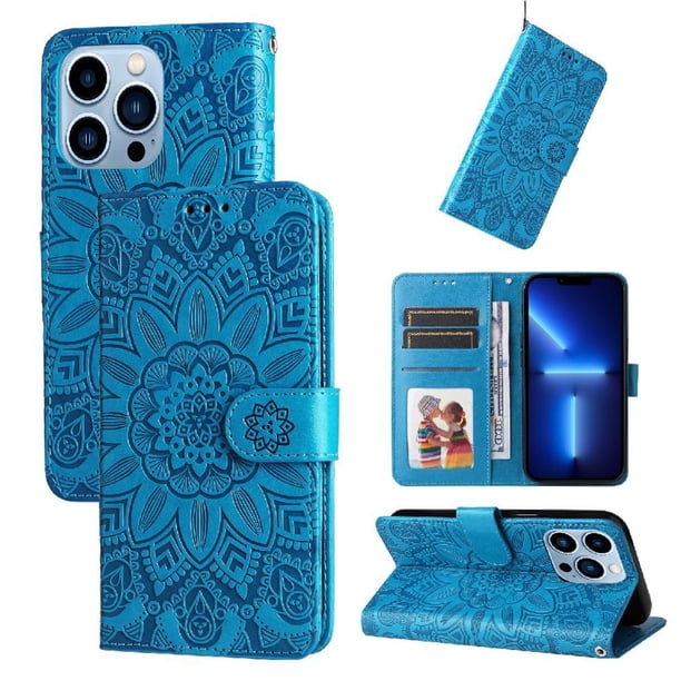 Funda tipo cartera FOXDOCK para iPhone 13 Pro , diseño girasol en relieve, cuero PU, cierre magnético, soporte y tarjetero