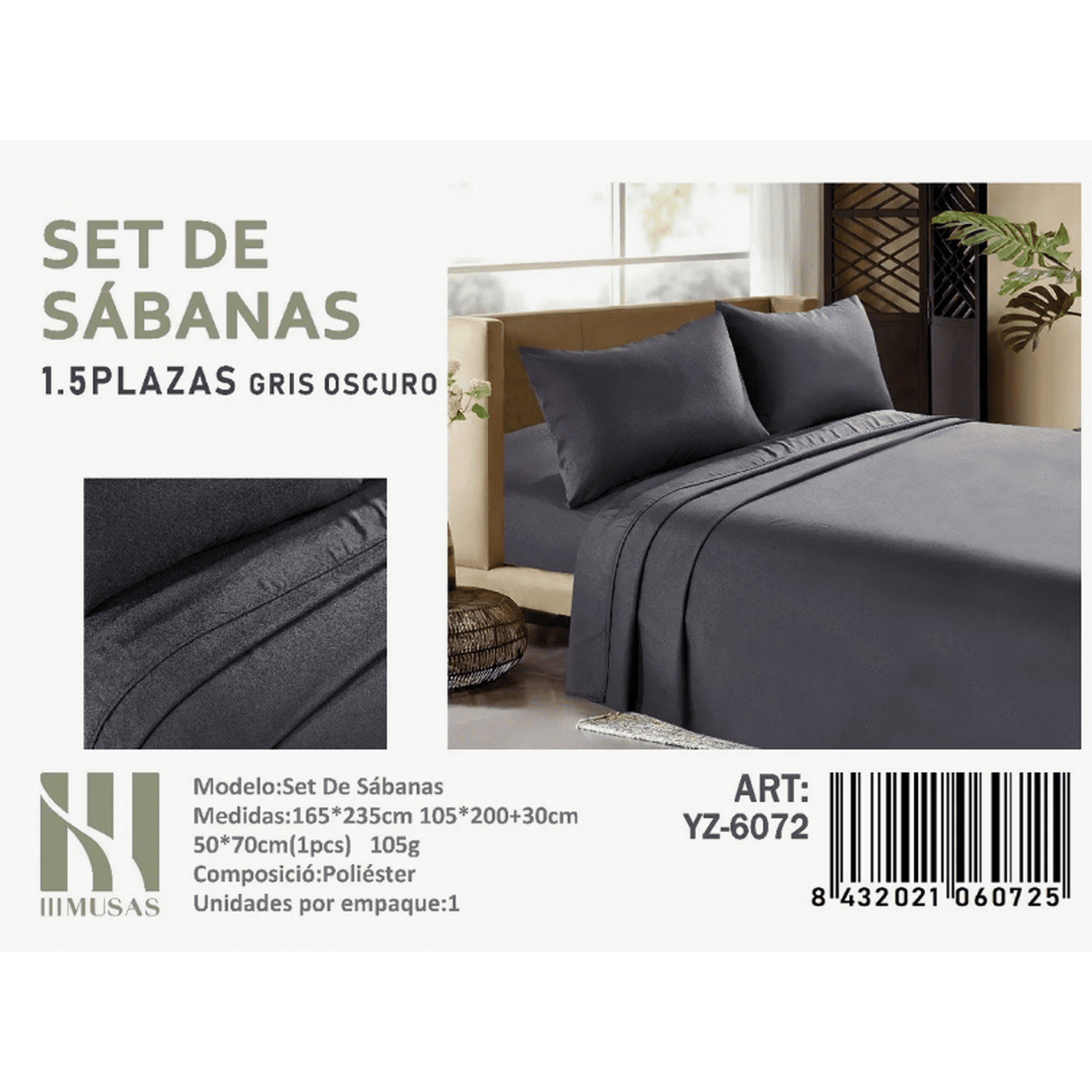 Tecnocasa - Set De Sabanas Plaza Y Media Color Gris Oscuro 200 Hilos + 1 Funda De Almohada
