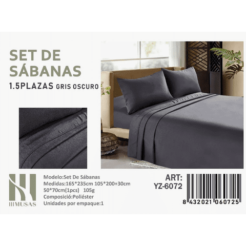 Todostore - Set De Sabanas Plaza Y Media Color Gris Oscuro 200 Hilos + 1 Funda De Almohada