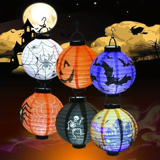 6pcs, 6 packs, Halloween Hanging Paper Lanterns with LED Lights - Bats, Spiders, Skeletons, Pumpkin Heads, Castles, Cartoon Spiders - Perfect for Indoor and Outdoor Decorations and Goodie Bags