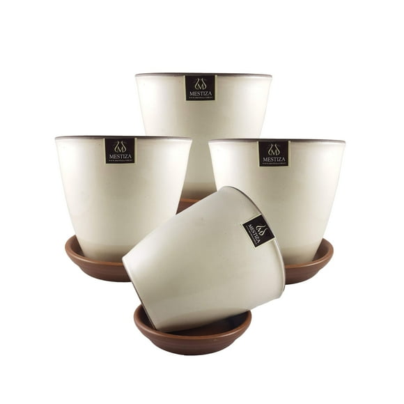 Set de 4 Maceta Zafiro 14cm Crema y sus platos