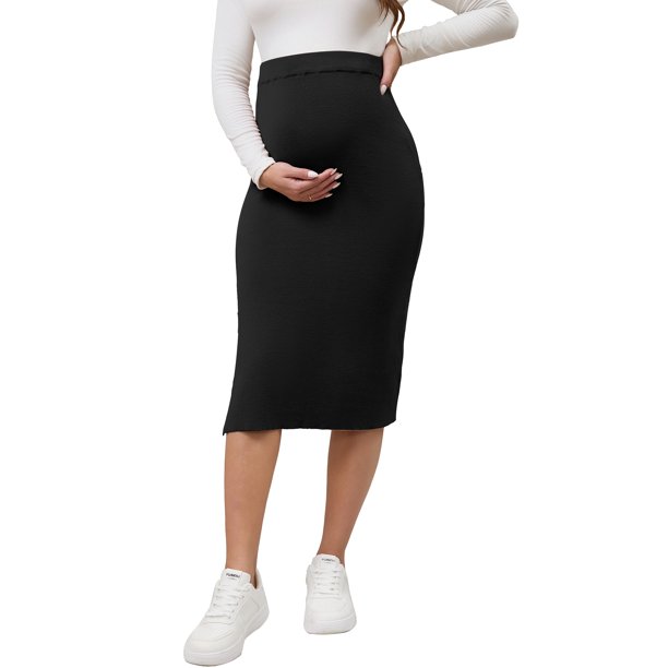 INSPIRE CHIC Falda Midi de Punto Elástica y Ajustada para Mujer Embarazada, Invierno, Cintura Alta, Casual, con Abertura Lateral, Negra, Talla Mediana