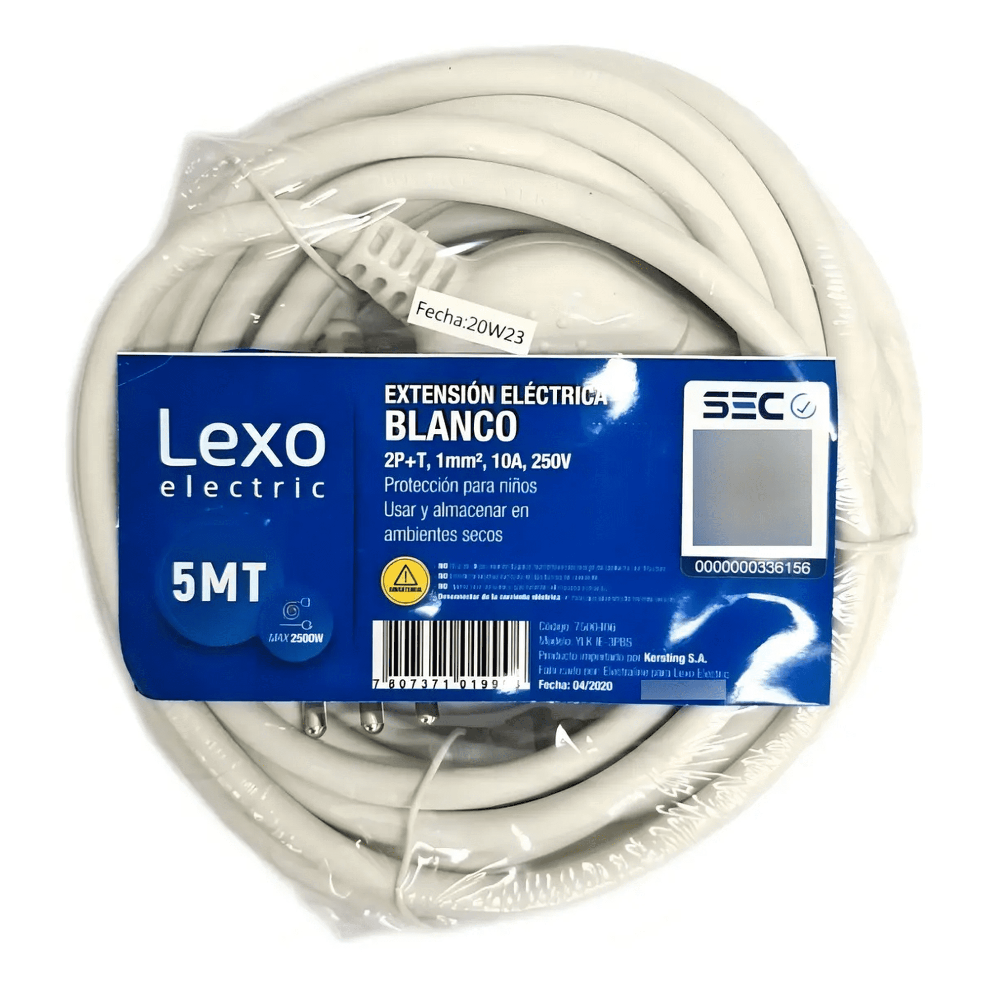 Alargador Simple Lexo Blanco 1 Toma 5 Metros Corriente Máx 10a