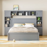 M&Ms - Queen Size Wooden Bed With All-In-One Cabinet, Shelf And Sockets, Gray