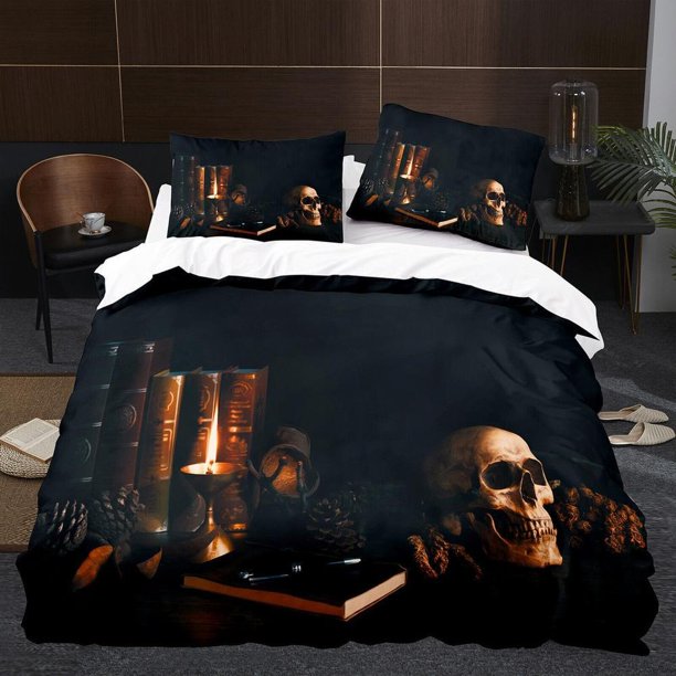 Skull Skeleton Book Candle Quilt Duvet Cover Set Bedding Queen Pillowcase3-Piece Bedding Set
