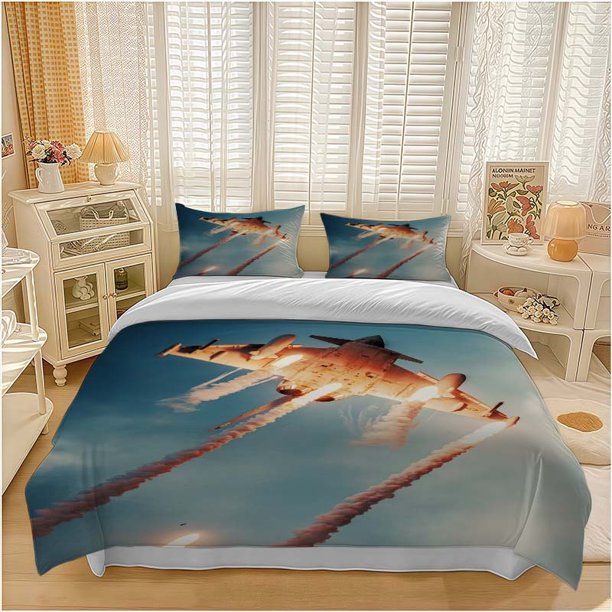 3pcs European Typhoon Fighter Jet Releasing Heat Flare Chaff Defense Maneuver Display Theme Bedding Set Duvet Cover and Pillowcase Set Soft and Comfortable