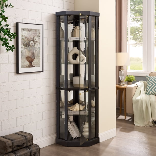 Lighted Corner Curio Cabinet - Elegant Glass Display Case for Living Room & Bar Storage - Perfect for Antique Collections & Wine - Includes Built-in Lighting - BLACK