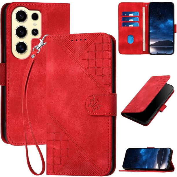 Funda Flip Premium Fibra de Carbono para Samsung Galaxy S24 Ultra con Soporte y Cierre Rojo