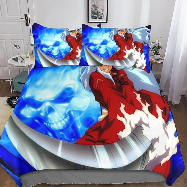 Juego de ropa de cama MYPALL Inuyasha 3D con funda nórdica para niños y niñas, funda de edredón ultrasuave de microfibra 3D con cierre de cremallera, 3 piezas S