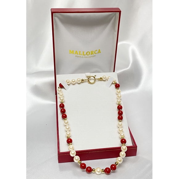 Collar Perla Clásica y Roja Con Bolitas Bañadas En Oro 8mm 45cm
