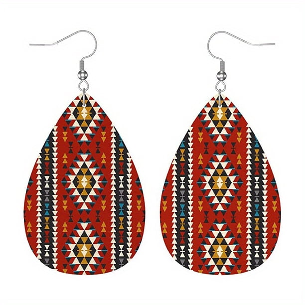 Bohemian Pattern Leather Earring Teardrop PU Dangle Party Earrings For Women Girls