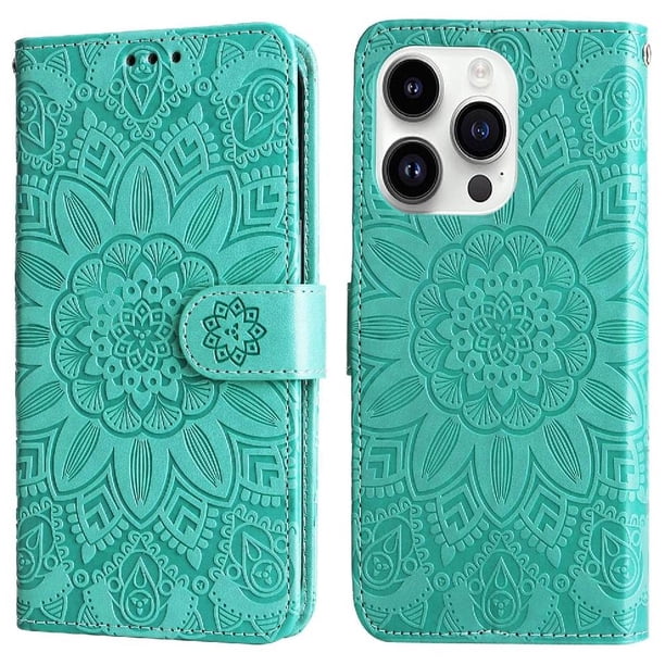 Funda tipo cartera FOXDOCK para iPhone 15 Pro , diseño girasol en relieve, cuero PU, cierre magnético, soporte y tarjetero