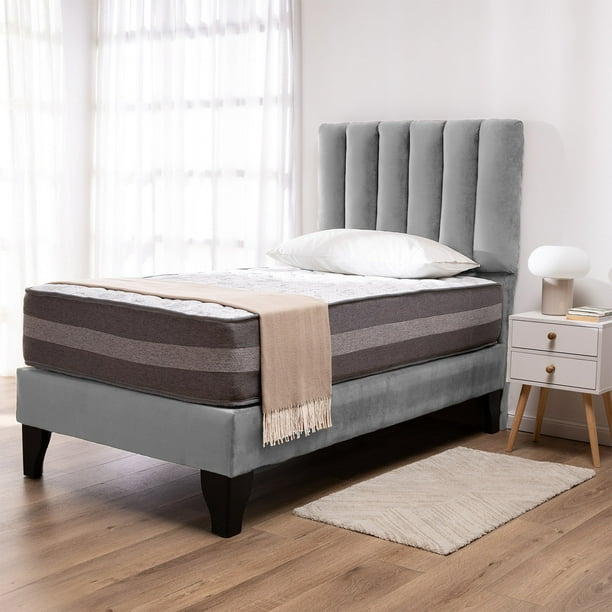 Cama Europea Valencia P + Respaldo Cadiz 1 PL Felpa Gris Medio