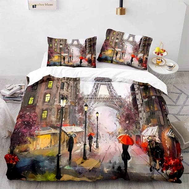 v115 Bed Sheets Eiffel Tower France Paris Bedding Set,Duvet Cover Comforter Bed Set Quilt Cover Pillowcase,King Queen Twin Size Boys Girls Adult 3-Piece Bedding Set (1 Duvet Cover + 2 Pillow Shams) Be