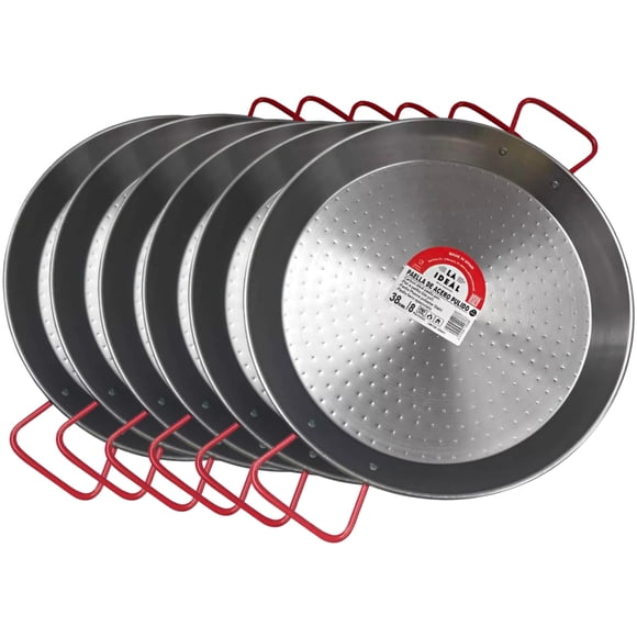 Paellera Garcima de 38 cm, Acero al Carbono, Pack de 6, Plateado/Rojo