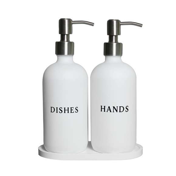 Set dispensador de jabón RM Home, vidrio blanco, 500 ml, con bandeja