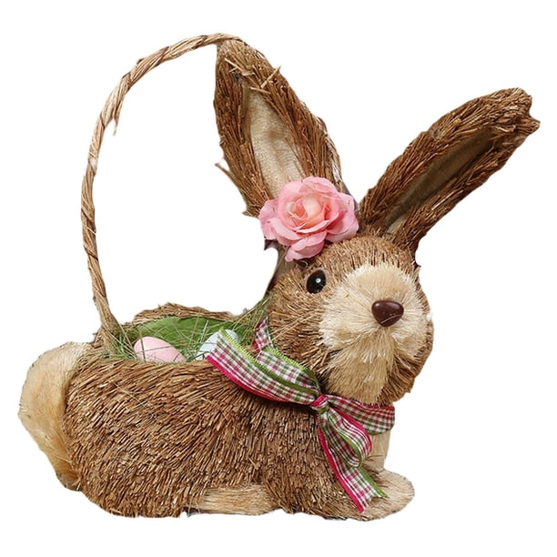Adorno De Conejo De Paja De Pascua Cesta De Huevos Rellenos Conejito Para Escritorio De Vacaciones Hogar