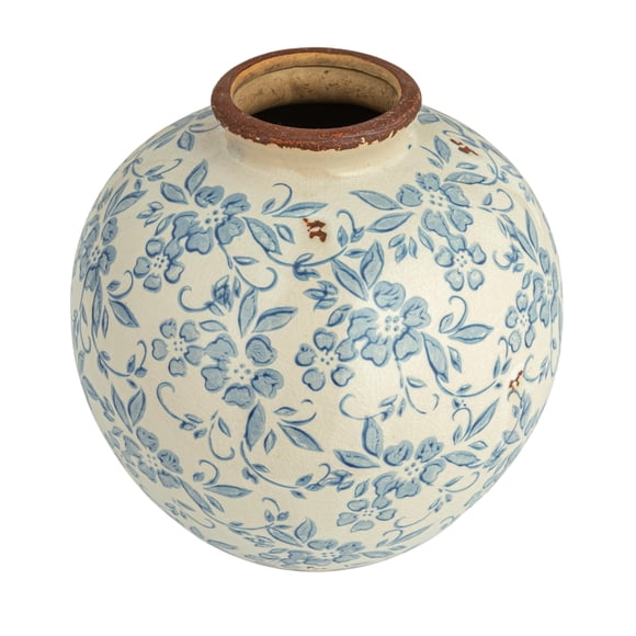 Jarrón Creative Co-Op DF2720, terracota, floral, azul, 20 cm