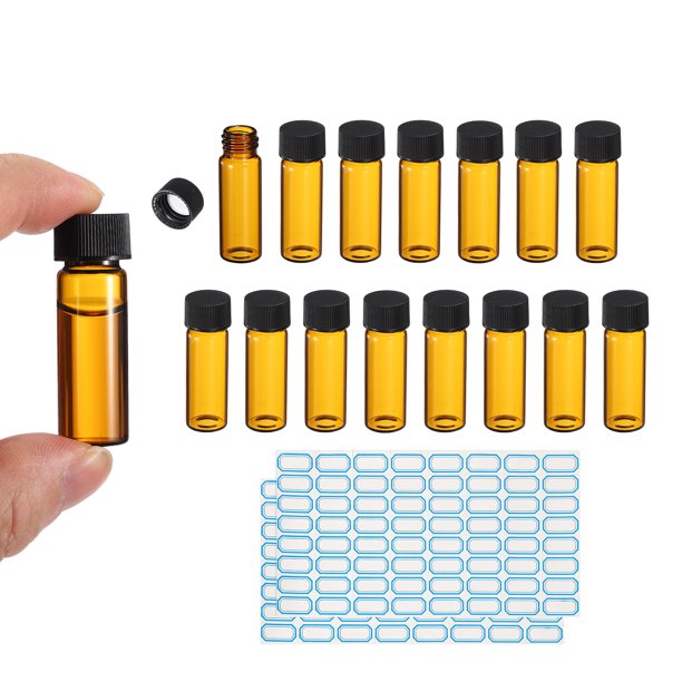 Viales de vidrio ámbar de 4ml, paquete de 15 viales de muestra con tapa de rosca, botella de medios de reactivo con etiquetas, vial de vidrio para muestras líquidas a prueba de fugas para laboratorio