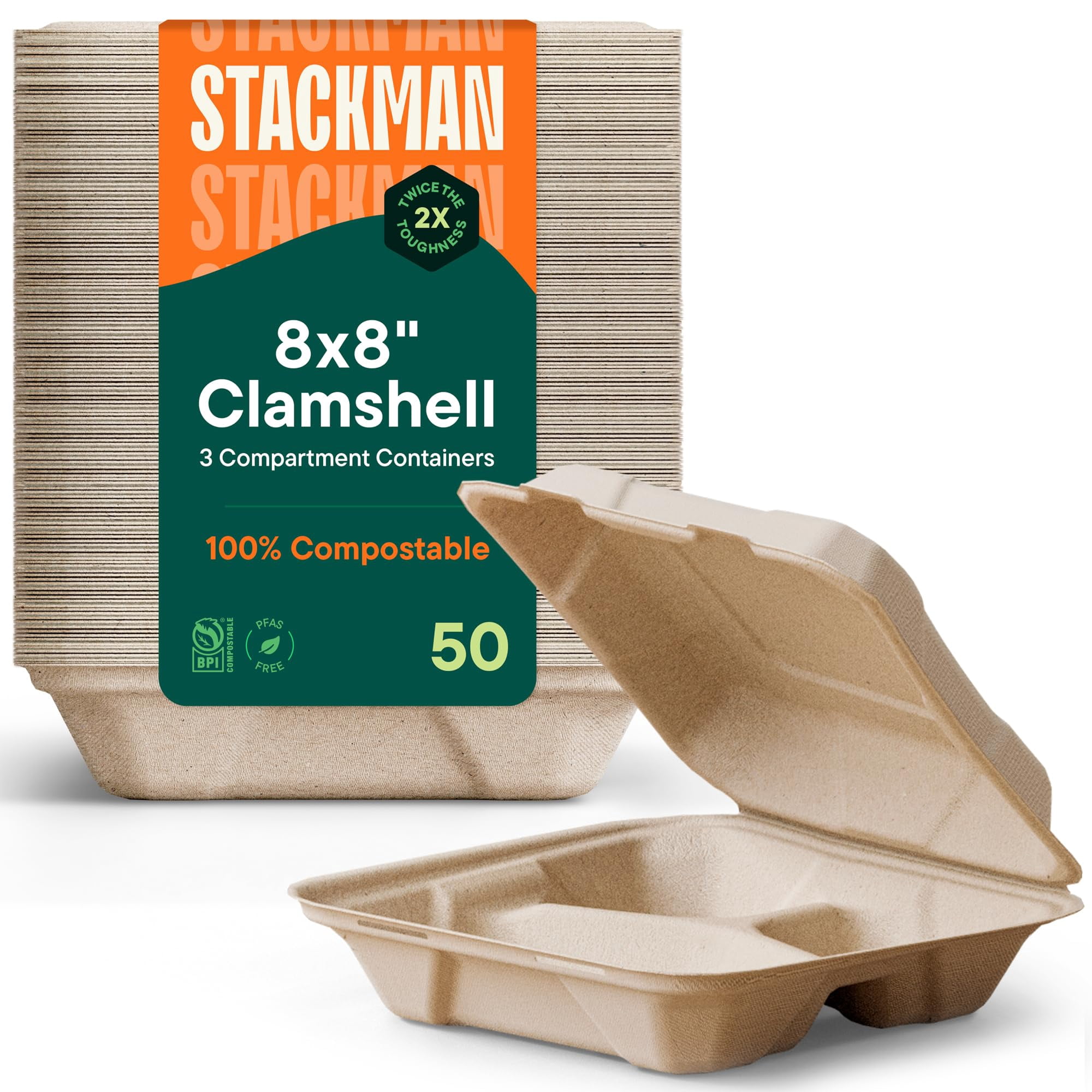 Stack Man - Recipientes Compostables Para Comida Para Llevar Con Forma De Concha, 8 X 8, 3 Compartimentos