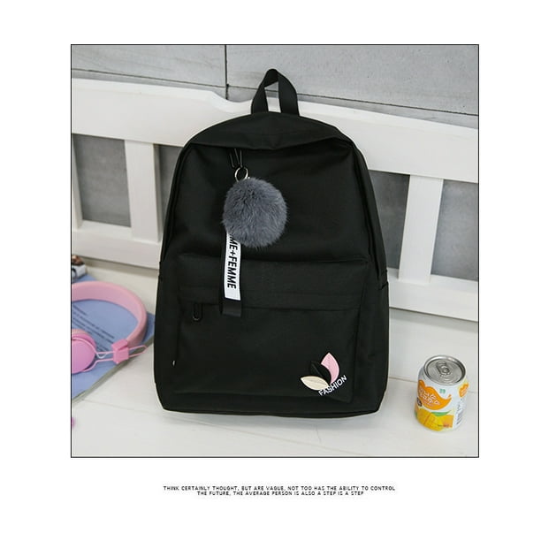 Korean Nylon Casual Women Backpack Canvas Book Bags Preppy Style School Back Bags for Teenage Girls Fur Ball Toy Bag