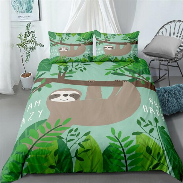 Cartoon Sloths Tropical Plants Leaf Quilt Duvet Cover Set Doona Cover Bedclothes3-Piece Bedding Set