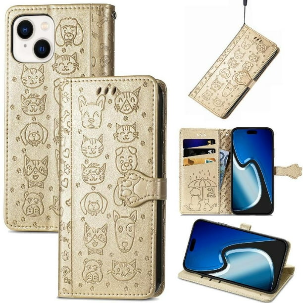 Funda Cartera FOXDOCK para iPhone 15 , Flip PU con Relieve de Gatos y Perros, Tarjetero y Soporte
