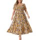 thumbnail image 1 of GRACIA Y GRANDEZA Vestido Maxi Floral para Mujer Talla Grande Cuello Cuadrado Manga Abullonada Cintura Fruncida Boho Vestido de Verano 2X Amarillo, 1 of 8