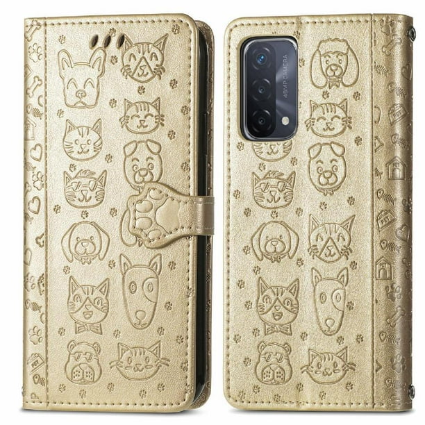 Funda Cartera FOXDOCK para OPPO A54 5G , Flip PU con Relieve de Gatos y Perros, Tarjetero y Soporte