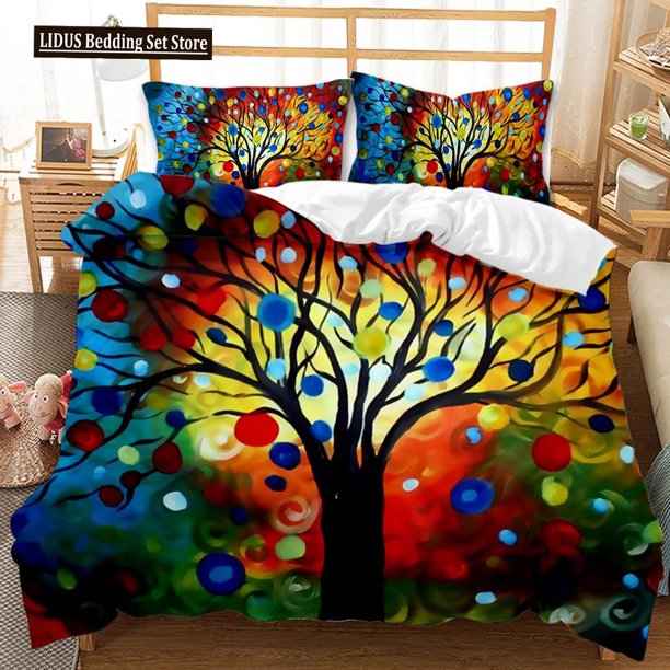 v1159 Bed Sheets Tree Duvet Cover Bohemian Forest Happiness Tree Comforter Cover Bedding Set Twin Double Queen King Size Polyester Qulit Cover 3-Piece Bedding Set (1 Duvet Cover + 2 Pillow Shams) Bed