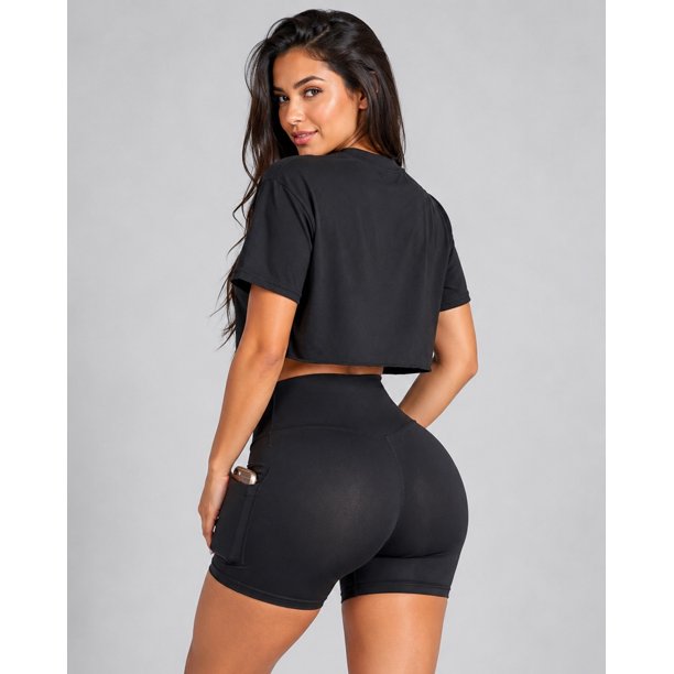 Conjunto Deportivo Mujer Short Pretina Cruzada Y Polera Crop