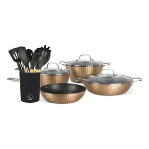 Kit Batería Cocina 7 Pza + Set 12 Utensilios Simplit Dorado