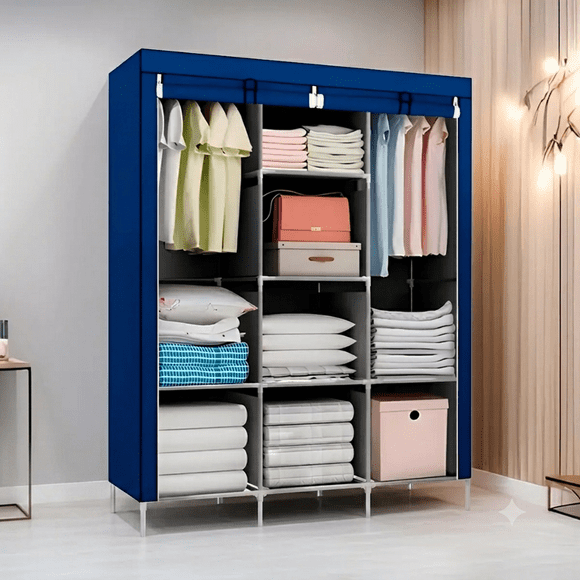 Organizador Armario  azul Closet Ropero Armable Grande De Ropa Tela Desarmable Portatil Mueble Con Estantes Percheros Guardarropa Casa Dormitorio FIGOIMPORT