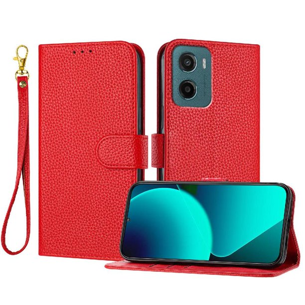 Funda Cartera para Motorola Moto E15 Tarjetero Soporte Magnético y Correa Rojo