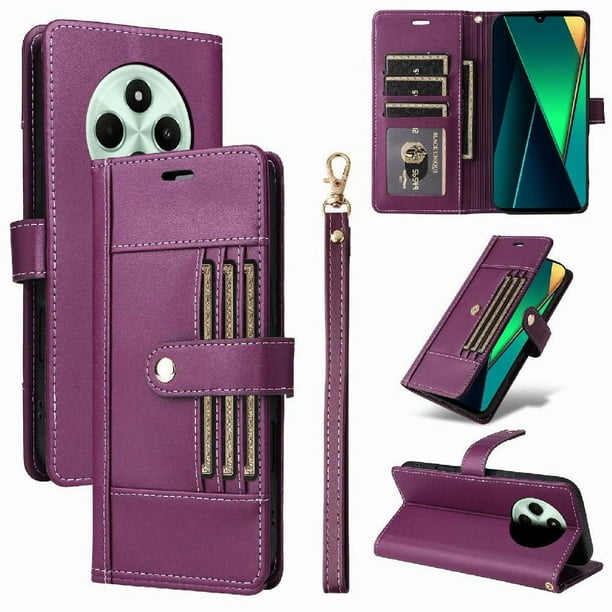 FOXDOCK Funda tipo Cartera para Xiaomi Redmi 14C – Cubierta de Cuero PU con Múltiples Ranuras, Bolsillo para Efectivo y Correa de Muñeca