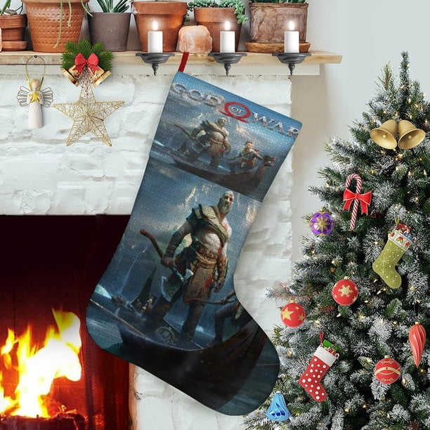 God of Wars Tema: Calcetines de Navidad, fino lino blanco para colgar en escaleras y chimenea, decoración navideña para el hogar, regalo de Navidad. 45cm × 32cm