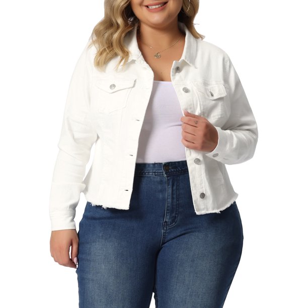 Agnes Orinda Chaqueta de Mezclilla Lavada con Bolsillos y Cuello Abatible de Manga Larga para Mujer Talla Grande 3X Blanco