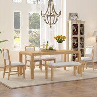 M&Ms - [Video Provided] Trexm Vintage Extendable Dining Table Set For 4-6 With 4 Upholstered Chairs And 1 Bench, Rustic Wire Brushed Kitchen Table Set With Curved Design For Dining Room And Kitchen (Natural)